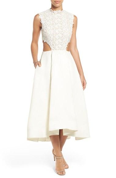 Women's Monique Lhuillier Guipure Lace & Silk Gazar Side Cutout Tea Length Dress