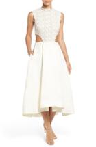 Women's Monique Lhuillier Guipure Lace & Silk Gazar Side Cutout Tea Length Dress