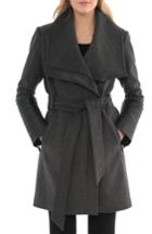 Women's Belle Badgley Mischka 'lorian' Faux Leather Trim Belted Asymmetrical Wool Blend Coat - Grey