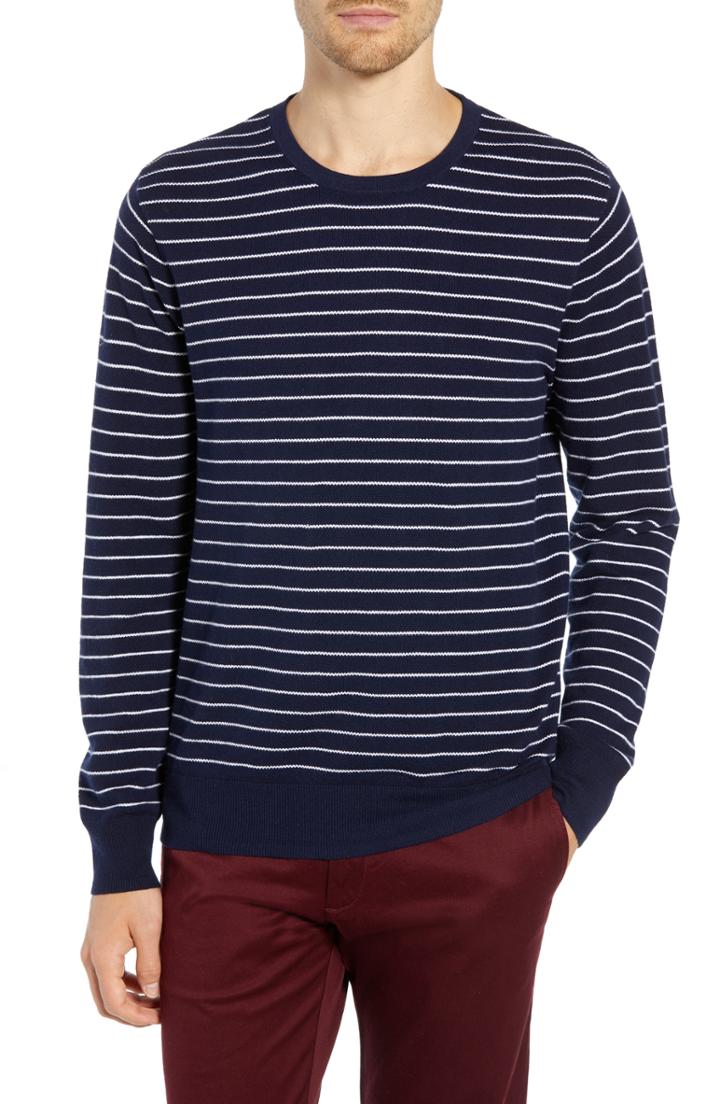 Men's J.crew Stripe Pique Cotton & Cashmere Crewneck Sweater - Blue