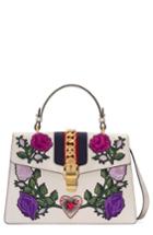 Gucci Medium Sylvie Floral Patch Top Handle Leather Shoulder Bag - White