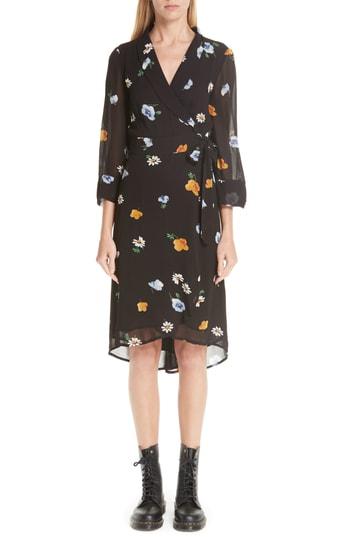 Women's Ganni Dainty Floral Wrap Dress Us / 36 Eu - Black