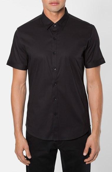 Men's 7 Diamonds 'feel Free' Trim Fit Short Sleeve Stripe Stretch Woven Shirt - Black