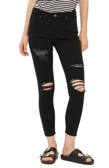 Petite Women's Topshop Leigh Super Ripped High Waist Skinny Jeans X 28 - Black