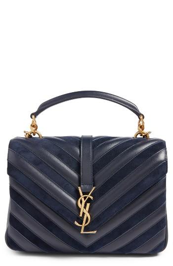 Saint Laurent Medium College Patchwork Suede & Leather Shoulder Bag - Blue