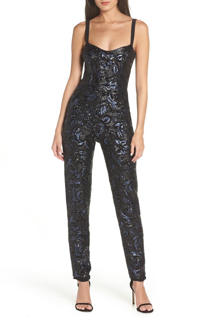 Women's Dress The Population Chloe Sequin Brocade Jumpsuit, Size - Black