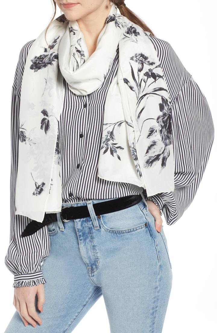 Women's Something Navy Floral Silk Wrap, Size - Ivory