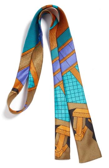 Men's Memphis Milano Teal/orange Print Silk Tie, Size - Blue/green
