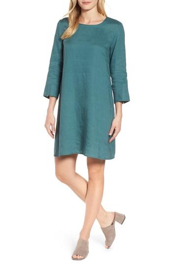 Women's Eileen Fisher Organic Linen Round Neck Shift Dress, Size - Blue/green