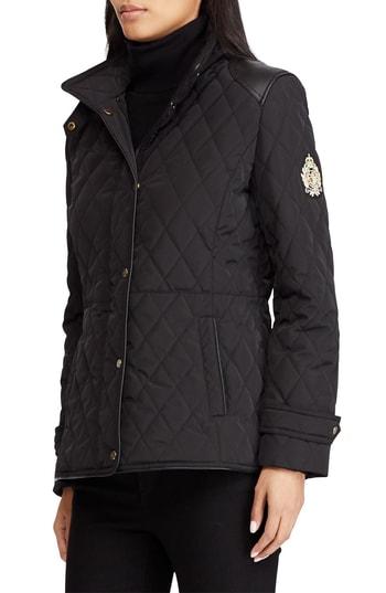 Women's Lauren Ralph Lauren Quilted Faux Leather Trim Jacket - Black