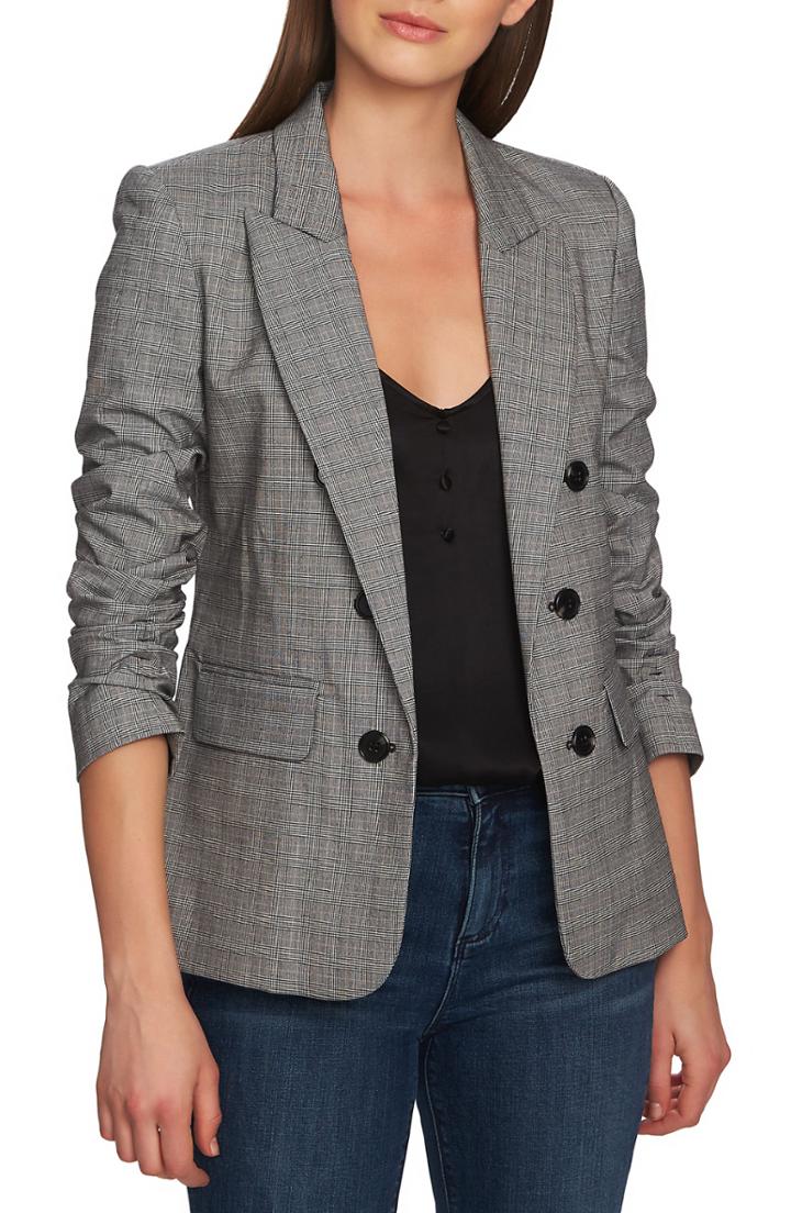 Women's 1.state Ruched Sleeve Glen Plaid Blazer - Black