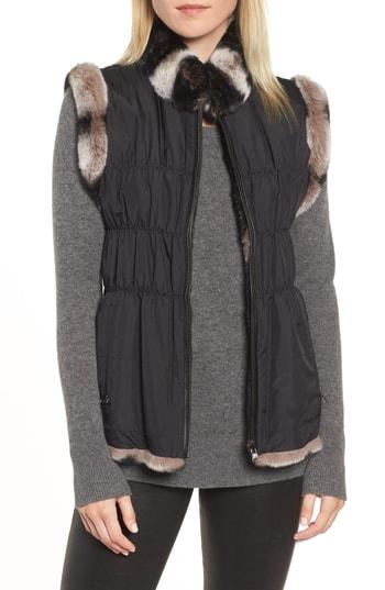 Women's Linda Richards Reversible Genuine Rabbit Fur & Ruched Silk Vest With Knit Back - Grey