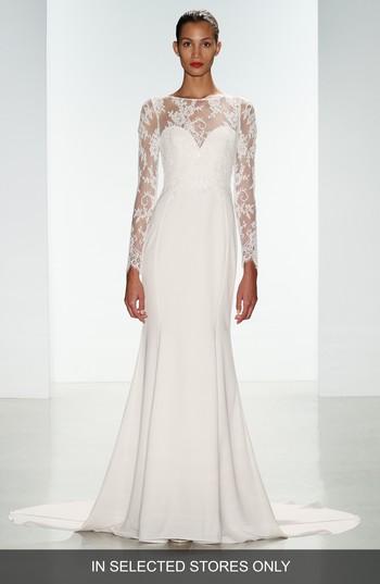 Women's Nouvelle Amsale Noelle Long Sleeve Lace & Crepe Gown, Size - White
