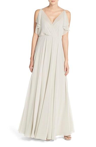 Women's Jenny Yoo 'cassie' Flutter Sleeve Chiffon A-line Gown - Grey