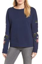 Women's Caslon Embroidered Sleeve Sweatshirt, Size - Blue
