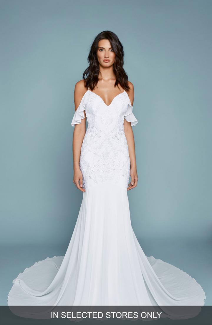 Women's Katie May Tulum Embroidered Chiffon Off The Shoulder Mermaid Gown, Size In Store Only - Ivory