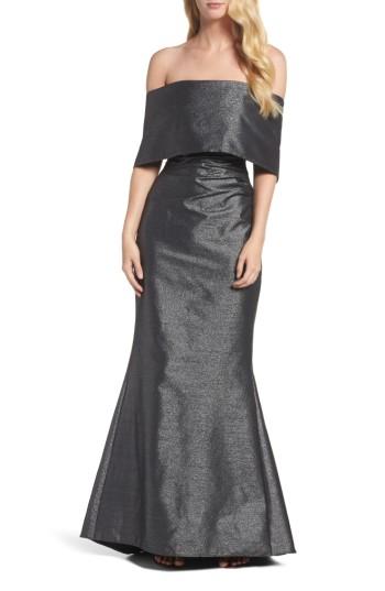 Women's Vince Camuto Ruched Metallic Knit Off The Shoulder Gown