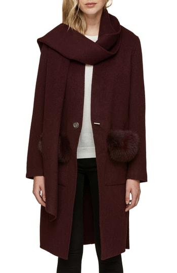 Women's Soia & Kyo Wool Blend Genuine Fox Fur Trim Coat - Red