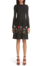 Women's Oscar De La Renta Sheer Sleeve Floral Hem Dress - Black