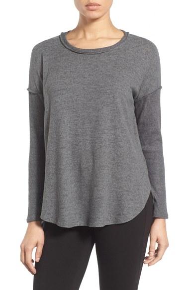 Women's Bobeau Rib Long Sleeve Fuzzy Sweatshirt - Grey