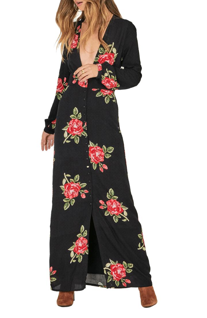 Women's Amuse Society All Buttoned Up Floral Print Maxi Dress - Black