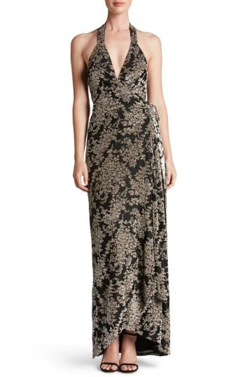 Women's Dress The Population Erica Floral Velvet Wrap Gown - Black