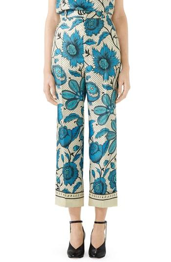 Women's Gucci Watercolor Floral Print Silk Twill Pants Us / 40 It - Blue