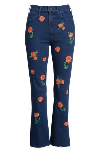 Women's Mother The Hustler Embroidered Fray Ankle Bootcut Jeans - Black