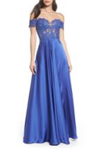 Women's La Femme Embroidered Off The Shoulder Satin A-line Gown - Blue