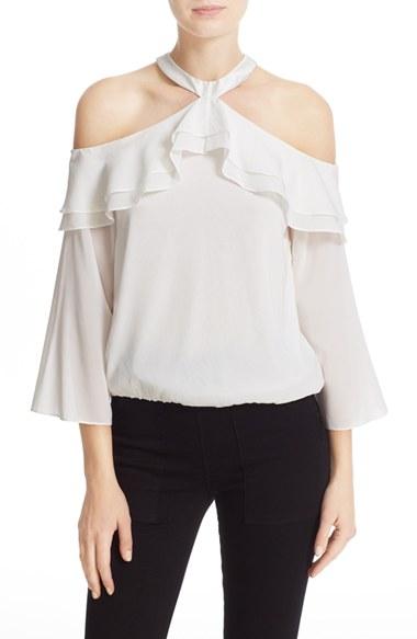 Women's Alice + Olivia 'layla' Stretch Silk Cold Shoulder Ruffle Top - Ivory