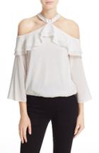 Women's Alice + Olivia 'layla' Stretch Silk Cold Shoulder Ruffle Top - Ivory