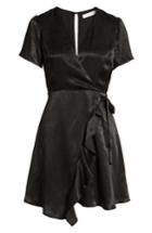 Women's Satin Faux Wrap Dress - Black