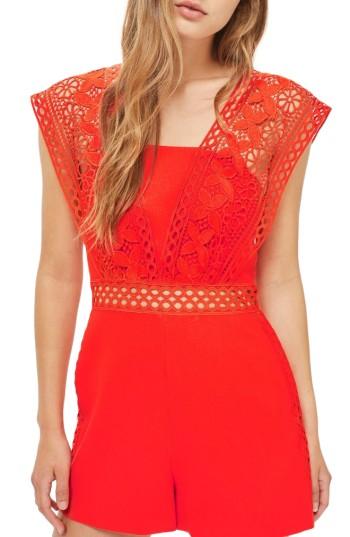 Women's Topshop Crochet Strap Romper Us (fits Like 0) - Orange