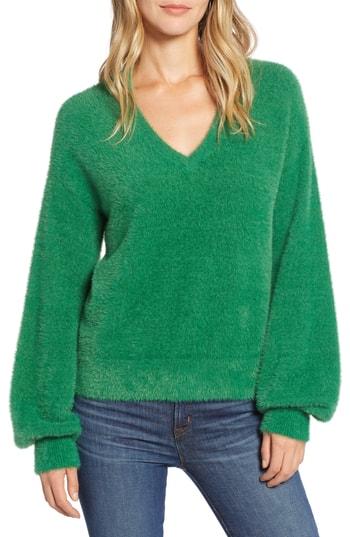 Women's Halogen V-neck Fuzzy Sweater - Green