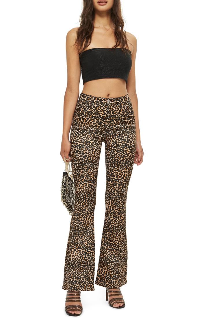 Women's Topshop Moto Leopard Print Flare Jeans W X 30l (fits Like 25-26w) - Brown