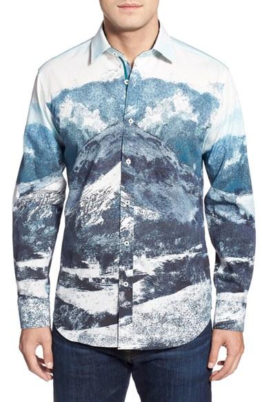 Men's Bugatchi Classic Fit Print Sport Shirt, Size - Blue/green