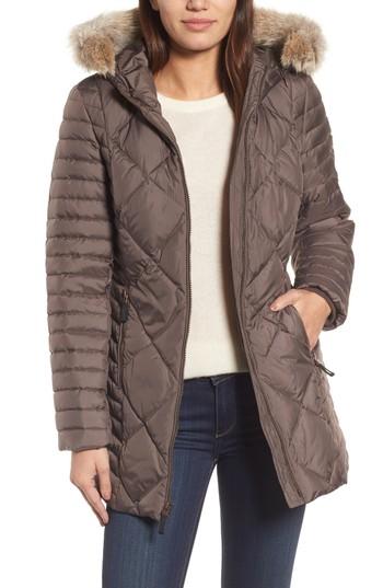 Women's Andrew Marc Hooded Coat With Genuine Coyote Fur Trim - Grey