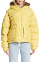 Women's Undercover Hooded Puffer Coat With Genuine Rabbit Fur Trim - Yellow