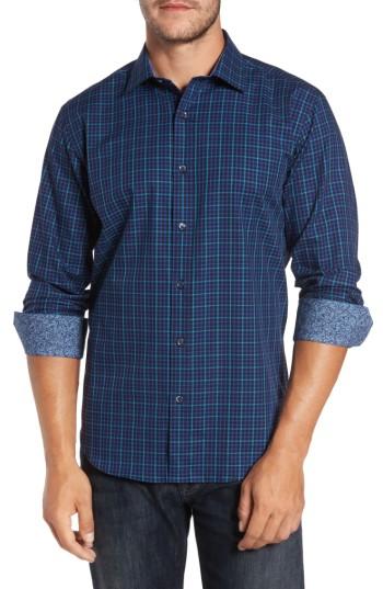 Men's Bugatchi Trim Fit Box Check Sport Shirt - Blue