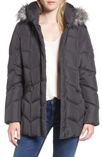 Women's Larry Levine Quilted Coat With Faux Fur Trim - Grey