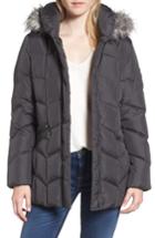 Women's Larry Levine Quilted Coat With Faux Fur Trim - Grey