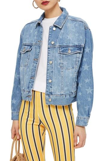 Women's Topshop Moto Laser Star Print Boxy Denim Jacket Us (fits Like 0) - Blue