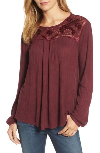 Women's Lucky Brand Lace & Velvet Yoke Top - Burgundy