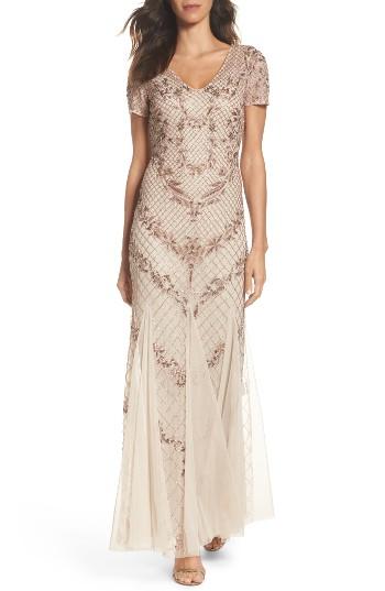 Women's Adrianna Papell Beaded Mesh Mermaid Gown - Beige