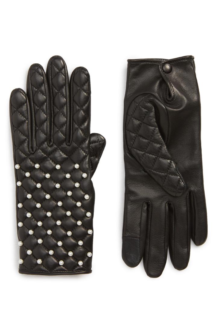 Women's Agnelle Imitation Pearl Quilted Lambskin Leather Gloves - Black
