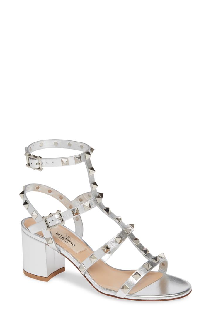 Women's Valentino Garavani Rockstud Block Heel Sandal Us / 35eu - Metallic