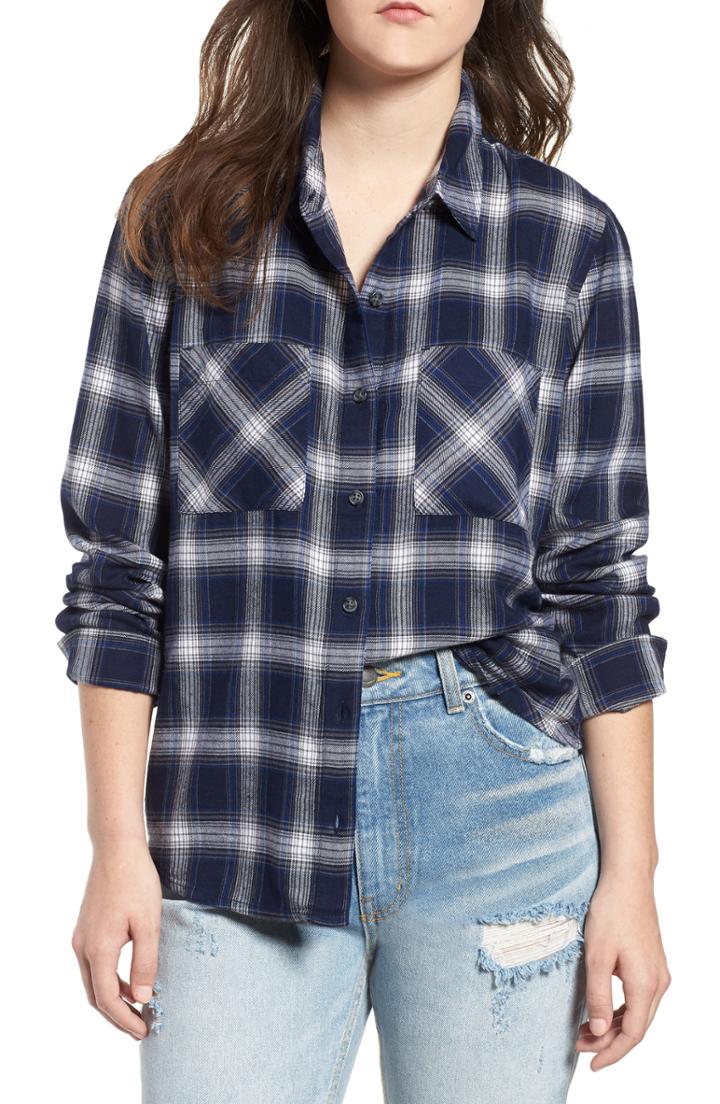 Women's Bp. Plaid Flannel Shirt, Size - Blue