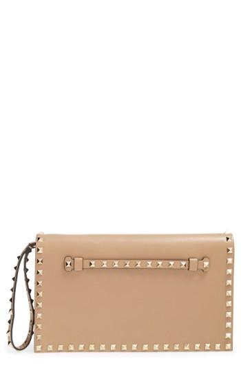 Valentino Garavani 'rockstud' Leather Flap Clutch - Beige