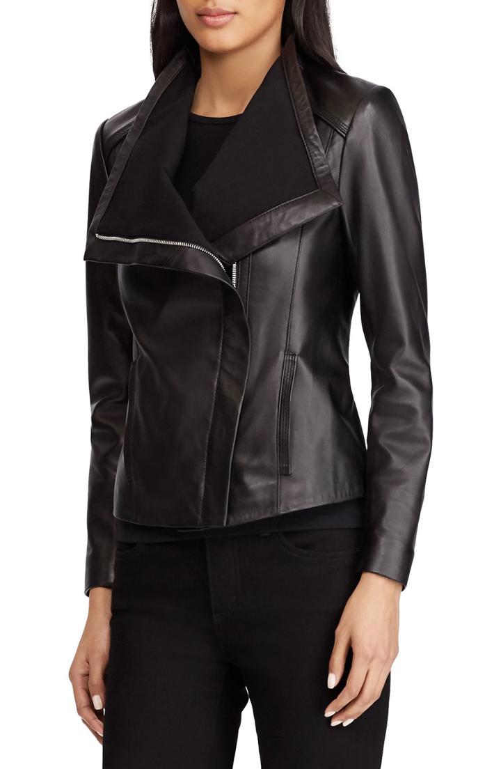 Women's Lauren Ralph Lauren Drape Front Leather Moto Jacket