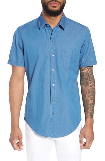Men's Boss Robb Trim Fit Denim Short Sleeve Sport Shirt - Blue